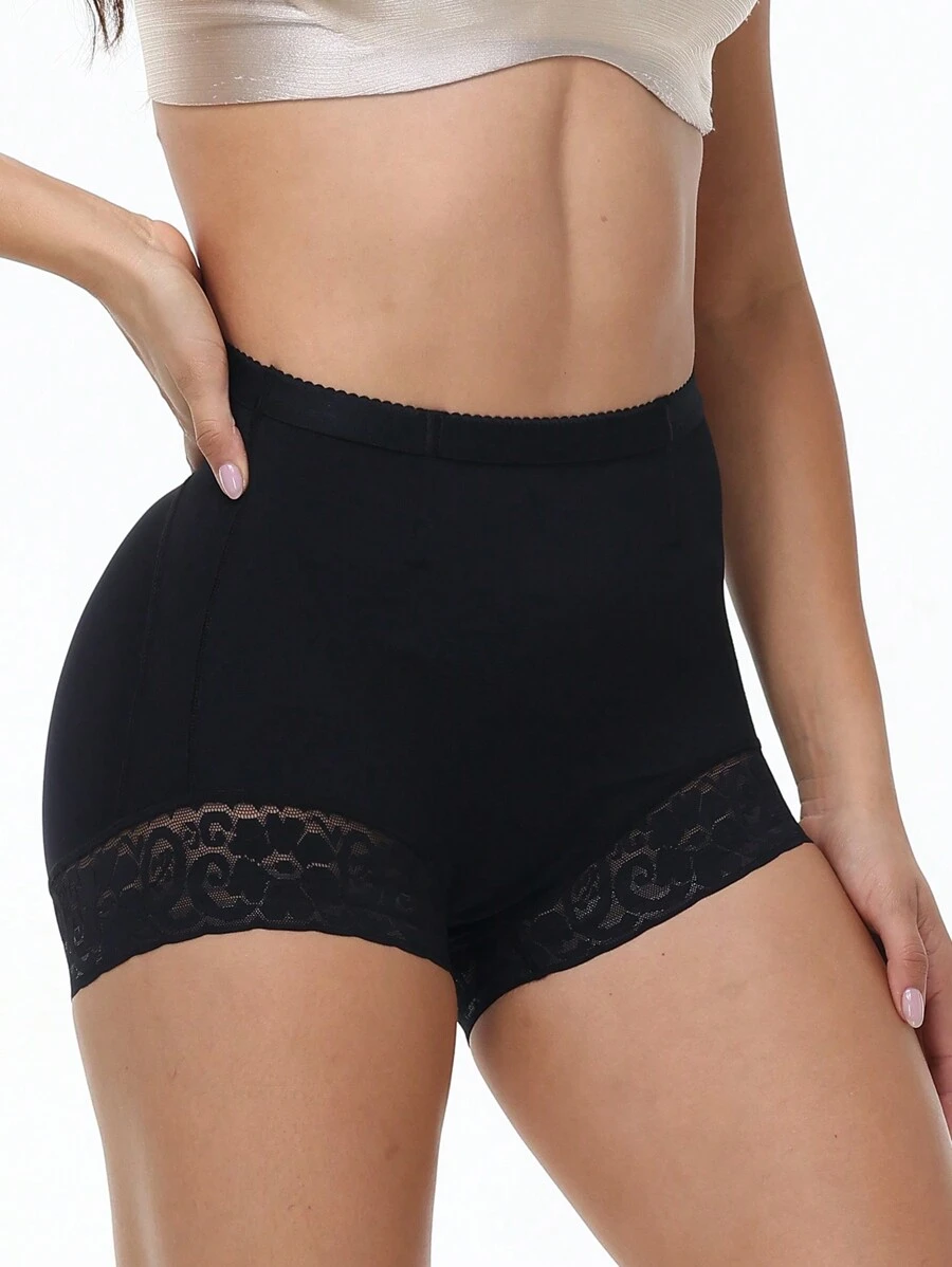 女士高腰蕾丝拼布塑身短裤 - 黑色 - 查看 1