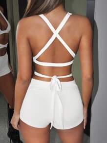 SHEIN ICON Y2k Trang phục mùa hè Trang phục hòa nhạc đồng quê Áo hở lưng gợi cảm & Quần short mini eo thon Slim Fit - trắng - Xem 5