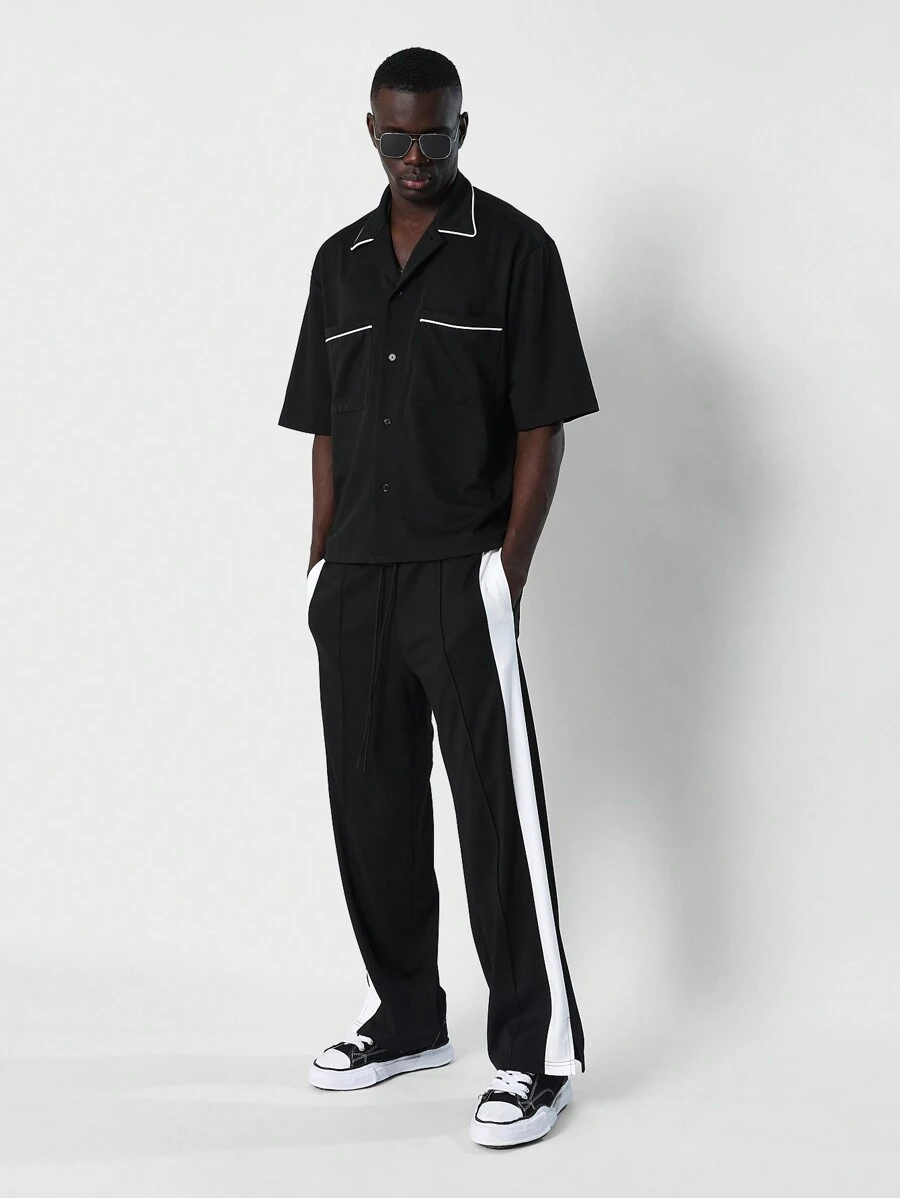 SUMWON Boxy Fit Shirt With Contrast Collar & Pocket Piping And Straight Fit Trouser With Side Panels & Pintucks 2 Piece Set