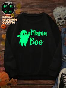 Dames lange mouwen fleece ronde hals sweatshirt, Halloween thema Glow-in-the-dark schattige vleermuis print pullover casual sweatshirt, bijpassende familie outfits