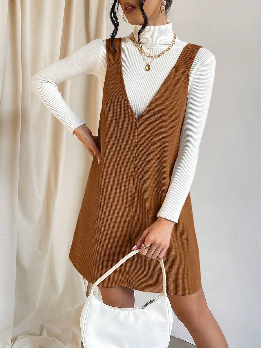 SHEIN Essnce Váy treo màu trơn thường ngày dành cho nữ, mùa hè - màu nâu - Xem 1