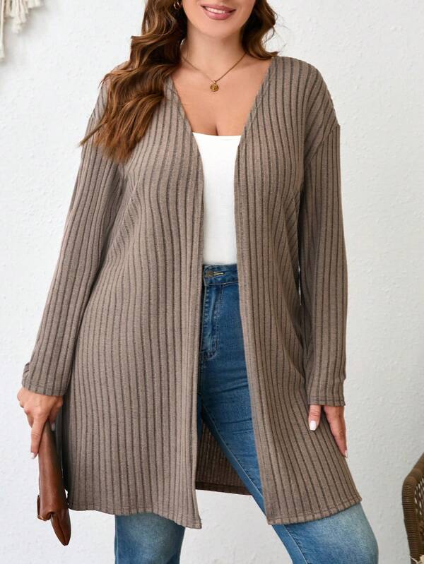 SHEIN LUNE Cardigã de Tricô Canelado de Cor Sólida Plus Size para Roupas de Primavera e Inverno de Outono