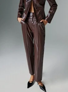 Poéselle 棕色高腰PU仿皮裤，棕色皮裤，直筒裤，正装裤，皮裤，秋装，秋冬装，办公室商务裤，万圣节裤，通勤日常休闲裤 - 棕色 - 查看 1