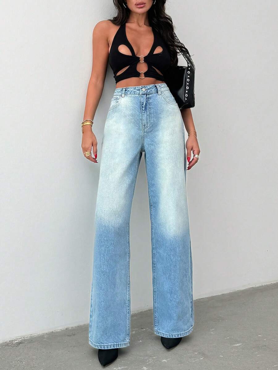 SHEIN Cottnline QUẦN JEAN CAO CẤP CHÂN RỘNG MÀU XANH DƯƠNG NHẠT 100% COTTON - Rửa nhẹ - Xem 1