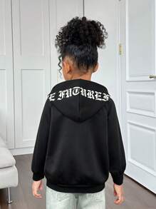 Young Girl Casual Letter Graphic Zip Up Raglan Sleeve Sweatshirt - Black - View 2