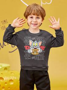 TOM & JERRY X SHEIN Young Boy Casual Loose Fit Cartoon And English Letter Graphic Sweatshirt, Grey, Spring/Autumn - Dark Grey - View 6