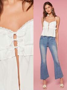 Enchnt Phụ Nữ Mùa Hè Ngọt Ngào Màu Ren Viền Xù Khe Yếm Top - trắng - Xem 9