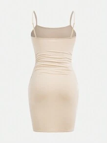 SHEIN 2pcs/Set Teen Girl's Knitted Ruched Camisole Casual Dress - Khaki - View 6