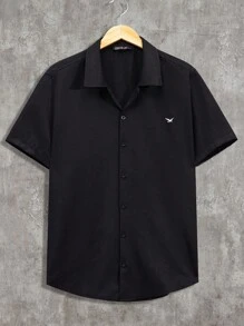 RueChic Chemise régulière à manches courtes à broderie pour hommes et short, ensemble deux-pièces