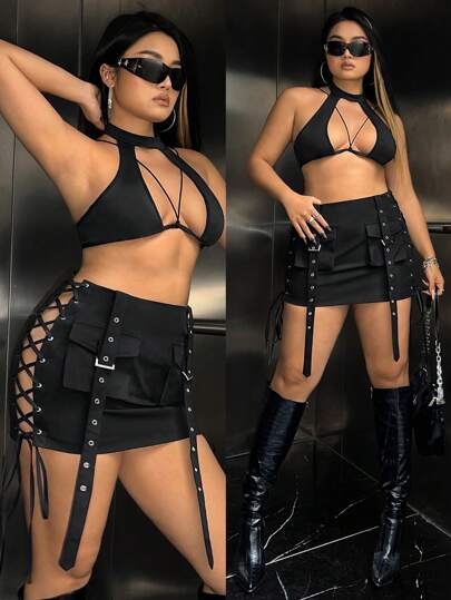SHEIN ICON Plus Grommet Lace Up Side Buckle Strap Detail Skirt
