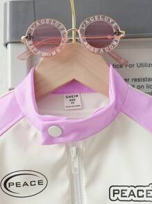 Girls Casual Pink & White Contrast Color Printed PU Leather Jacket, Autumn