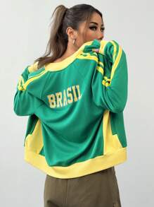 Muchica Women's Casual Raglan Sleeve Brazil National Flag Color Block Baseball Jacket, Spring Autumn - Green - View 2