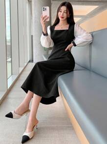 DAZY Đầm lưới mỏng tay dài cổ vuông phối màu cho nữ, xuân thu, bèo nhún - Đen và trắng - Xem 4