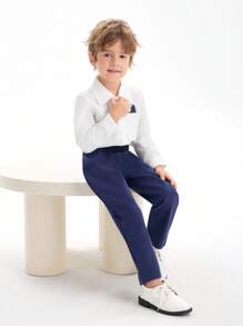 SHEIN 2 件套年轻男孩绅士装 - 白色编织领长袖衬衫和裤子，适合生日、派对、婚礼、节日和秋冬季正式场合 - 白色 - 查看 4