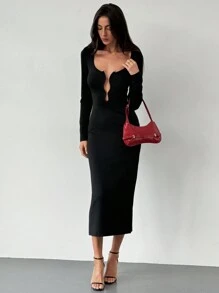 Aloruh Đầm maxi đen dài tay cổ chữ V khoét sâu hiện đại dành cho nữ - màu đen - Xem 6