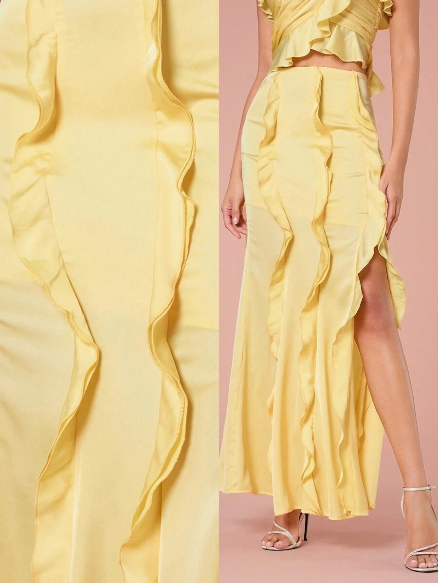 Enchnt Women's Solid Color Splicing Mushroom Hem Side Slit Maxi Elegant Skirt - Yellow - View 1