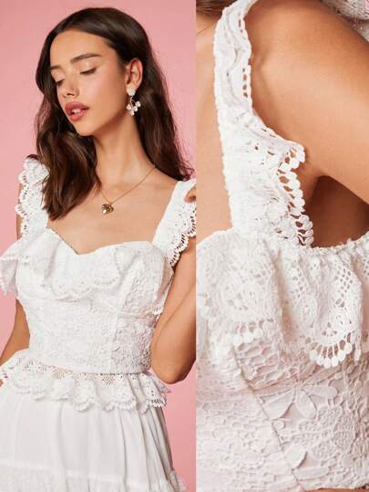 SHEIN 女款夏季白色優雅浪漫花卉時尚純色無袖上衣，帶蕾絲裝飾