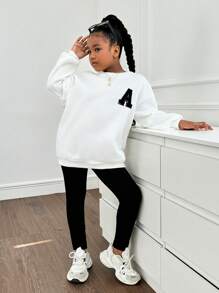 SHEIN Conjunto informal de 2 piezas de niña preadolescente con sudadera de cuello redondo holgada con parche de letras y manguitas caídas, talla grande mallas, conjunto de vuelta al colegio
