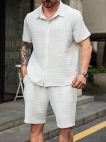 Manfinity Homme 大码 2 件装男士纯色短袖纽扣衬衫和短裤休闲西装，夏季 - 白色 - 查看 6