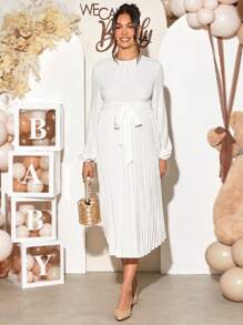 Loomaby Maternity Gender Reveal Dress Round Neck Long Sleeve Waist Tie Pleated Loose Gentle Elegant Dress For Baby Shower Party - White - View 4