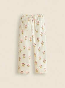 SHEIN Tween Girls Floral Print Wide Leg Straight Casual Pants, Fall/Winter - Beige - View 2