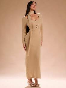 SHEIN SXY 高领长袖紧身秋季连衣裙，适合秋季女士服装 - 卡其色 - 查看 1