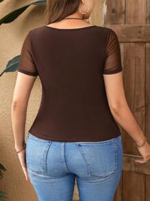SHEIN Privé Camiseta de cuello en forma de corazón de malla de contraste fruncida, talla grande, verano - Marrón - Ver 2