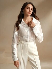 Áo kiểu nữ Anewsta cổ điển, thêu hoa kiểu Pháp, tay dài, chất liệu xuyên thấu, màu trắng. - trắng - Xem 3