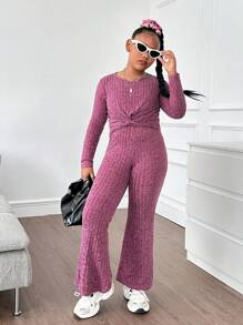 SHEIN Tween Girls Extended Size Fitted Casual Crew Neck Twist Front Top And Flare Pants 2pcs Set