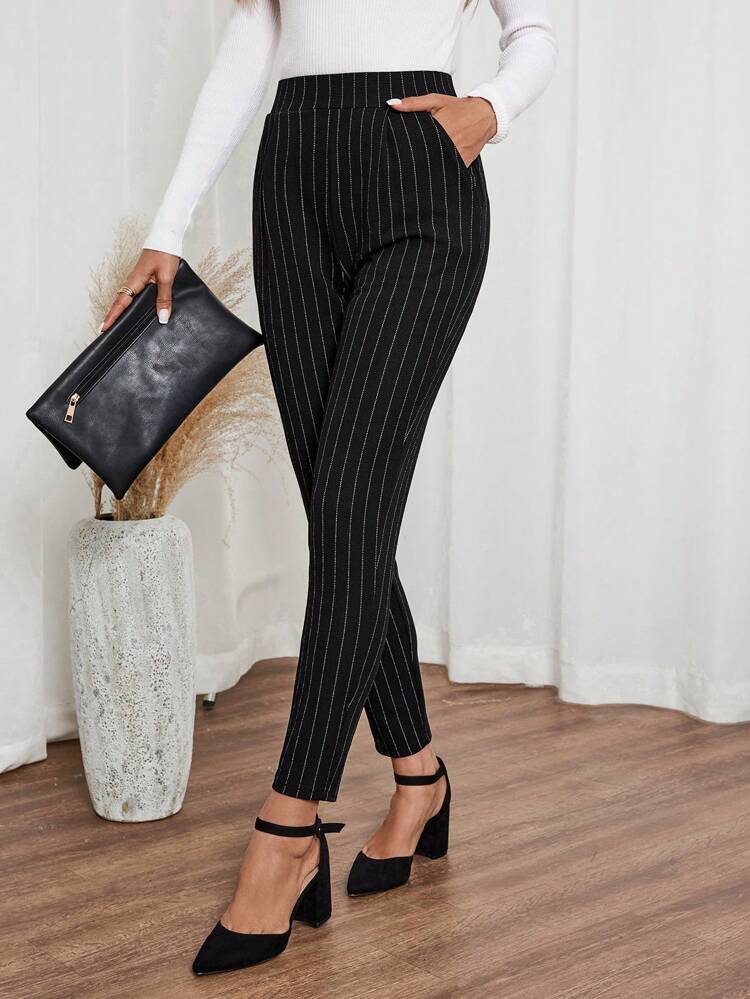 Women's Black Striped Pocket Skinny Casual Pants Dress Pants Fall Pants