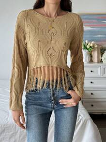 Chiquease Fringe Hem Pointelle Knit Sweater For Spring & Summer, Knit Pullover Fall Winter - Khaki - View 4