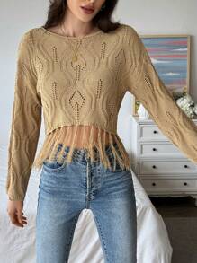 Chiquease Fringe Hem Pointelle Knit Sweater For Spring & Summer, Knit Pullover Fall Winter - Khaki - View 6
