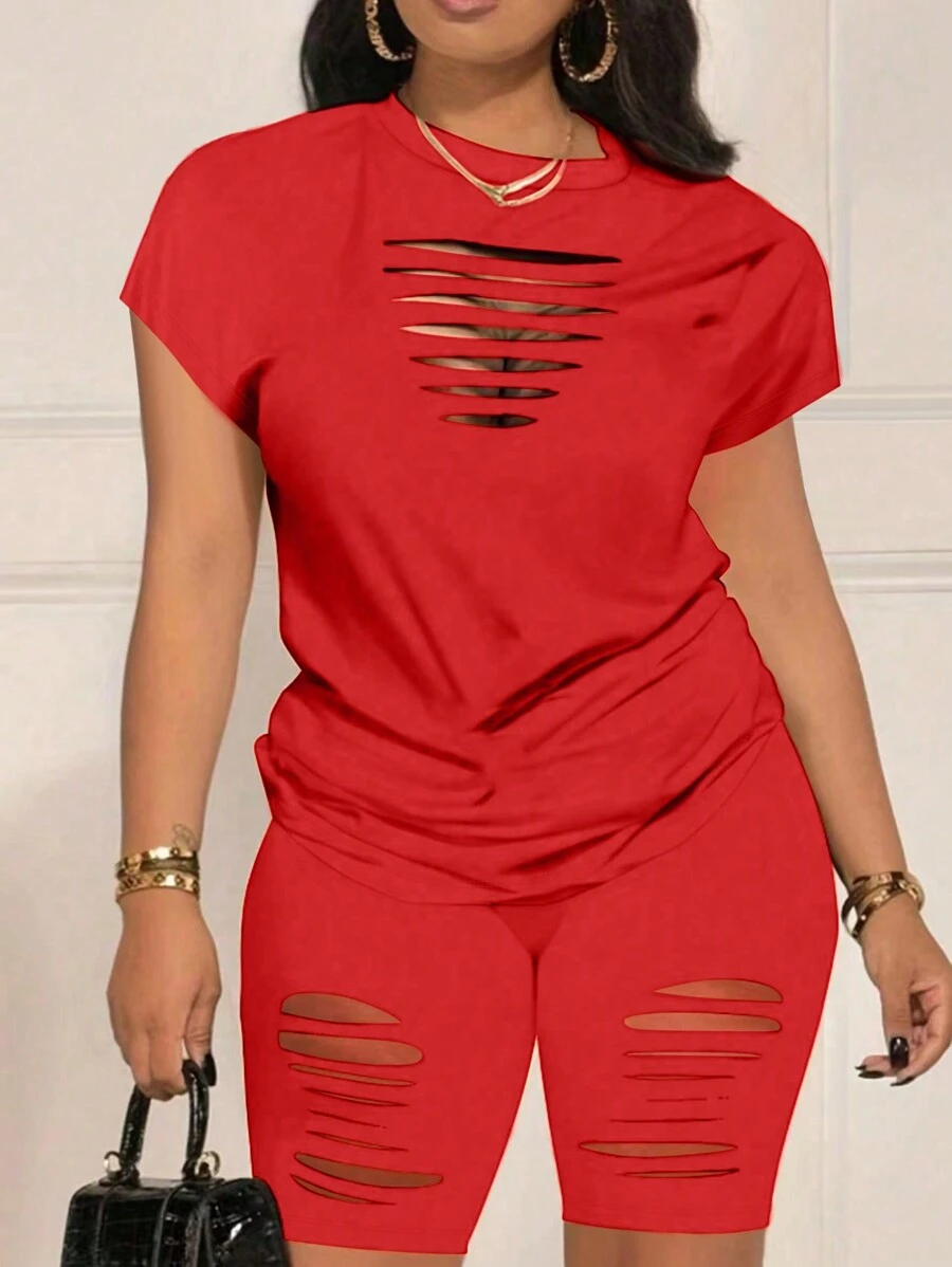 SHEIN 女士純色簡約日常短袖上衣和短褲中空2件套裝，適宜休閒穿著 - 紅色 - 查看 1