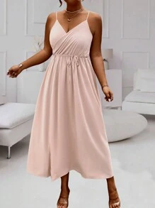 SHEIN Unity Plus Size Solid Color Criss-Cross Wrap Light Pink Cami Tank Dress - Pink - View 4