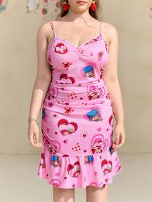 Strawberry Shortcake X SHEIN Plus Size Pink Fitted Ruched V-Neck Spaghetti Strap Bodycon Sweet Sexy Dress, Suitable For Streetwear And Vacation, Summer