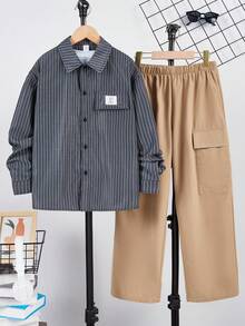 2 件套儿童青少年男童休闲韩版可爱刺绣领开衫衬衫和直腿裤套装