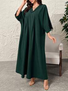 Al Najma Women's Elegant Floral Embroidered Batwing Sleeve Modest Arabian Dress, Spring Summer, Kaftan & Jalabiya - Dark Green - View 5