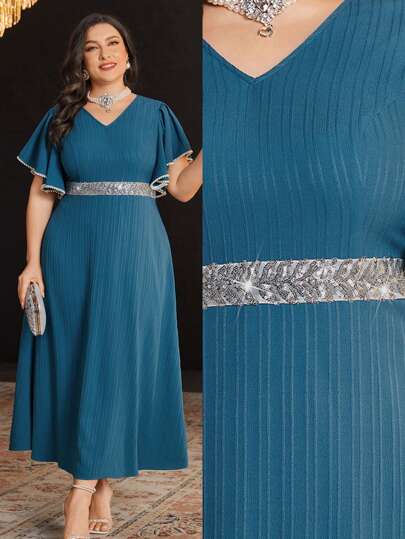 Modelyn Plus Size Women's Sequin Splice Ruffle Short Sleeve Dress,Elegant Evening Party Dress Long Evening Dresses