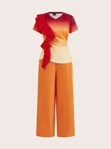 SHEIN LUNE Ensemble deux-pièces femme, T-shirt à col V à volants dégradé et pantalon, manches courtes, été - Multicolore - Voir 11