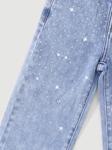 SHEIN 年轻女孩街头学院风休闲时尚心形水晶装饰弹力腰直筒牛仔裤 - 日常必备时尚单品 - 淺色水洗藍 - 查看 5