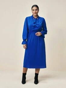 BizChic Plus Size Women's Solid Color Elegant Tie Front Bowknot Midi Dress For Spring And Summer - Blue - View 6