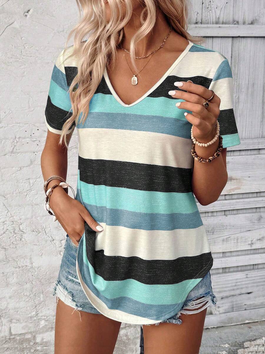 SHEIN LUNE 休闲拼色条纹短袖T恤 - 彩色 - 查看 1