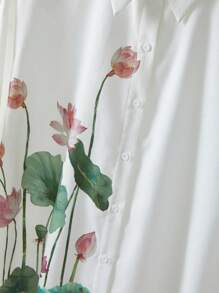 Mulvari Áo sơ mi nữ tay dài cổ in hoa sen, áo sơ mi cài nút, mặc đi làm/đi học/mặc thường ngày - trắng - Xem 2