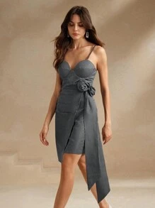 夏季优雅条纹 3D 花卉装饰不对称下摆细肩带连衣裙 - 藍色 - 查看 7