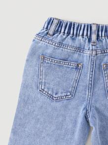 SHEIN 年轻女孩街头学院风休闲时尚心形水晶装饰弹力腰直筒牛仔裤 - 日常必备时尚单品 - 淺色水洗藍 - 查看 6