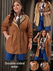 EMERY ROSE Plus Size Women's Hooded Long Sleeve Ruched Fashion Button Zip Reversible Brown Trench Coat With Pockets - Burnt Orange - View 2