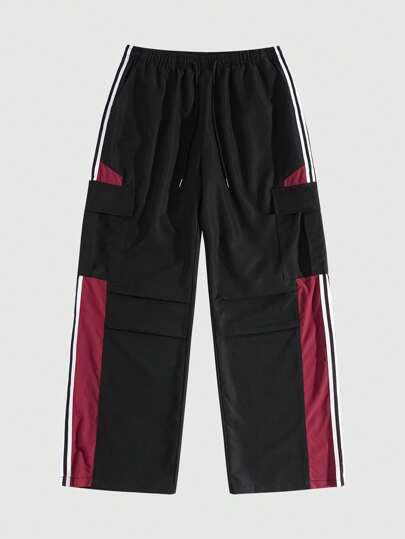 ROMWE Avant Pantalones informales de color contrastante negro y rojo para hombres