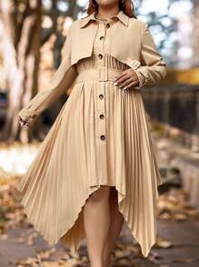Celure Plus Size Casual Lace-Up Waist Asymmetrical Hem Long Trench Coat Fall Cloth For Women