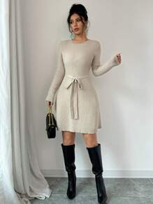 Chiquease 纯色合身 A 字型中长毛衣连衣裙 - 駝色 - 查看 7