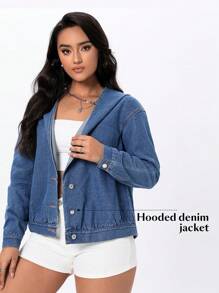 Women's Spring And Autumn Long Sleeve Single-Breasted Casual Hooded Denim Jacket